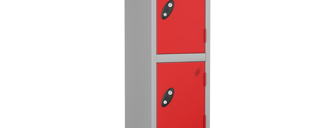 Probe Lockers 4 tier, shown with grey body and red doors.