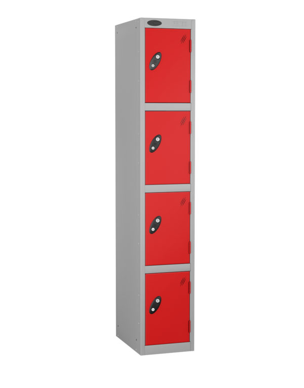 Probe Lockers 4 tier, shown with grey body and red doors.