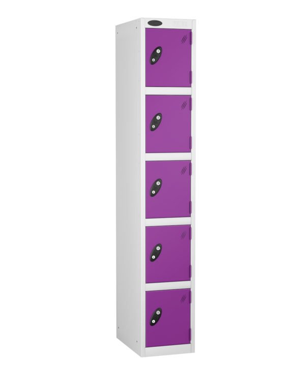 Probe Lockers for 5 users with white body and lilac door option.
