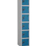 Probe Lockers for six users. Shown in grey body with blue doors
