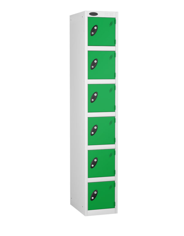 Probe Lockers for six persons. Shown in white body with green doors.