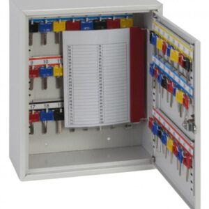 This Phoenixsafe Deep key cabinet KC0300 Series - KC0301K is made using folded steel and is of sturdy construction. Supplied with adjustable key hook bars to accommodate bulky keys using its included colour coded key tabs and number labels. In addition, a removable key control index is included for key control use. It has 50 key hooks.