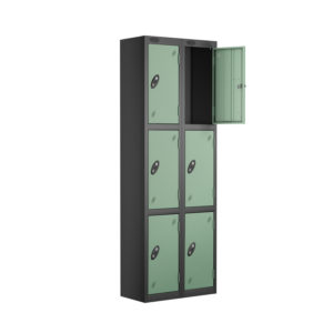 Probe Lockers for 6 users. Shows Black body and Jade doors