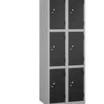 Probe Lockers for 6 users. Shown as Silver grey body and metallic black doors.
