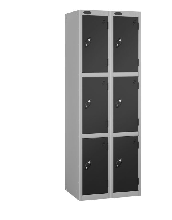 Probe Lockers for 6 users. Shown as Silver grey body and metallic black doors.