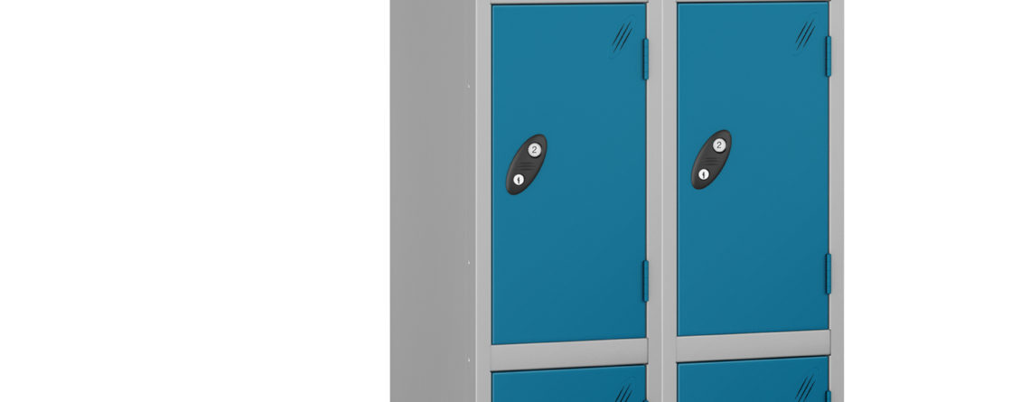 Probe Lockers for 6 users. Shows Silver grey body and blue doors