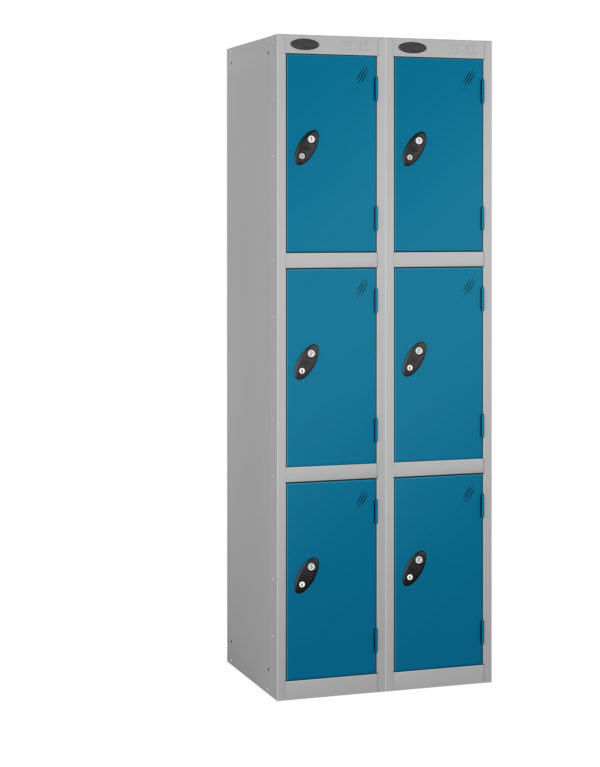 Probe Lockers for 6 users. Shows Silver grey body and blue doors