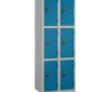 Probe Lockers for 6 users. Shows Silver grey body and blue doors