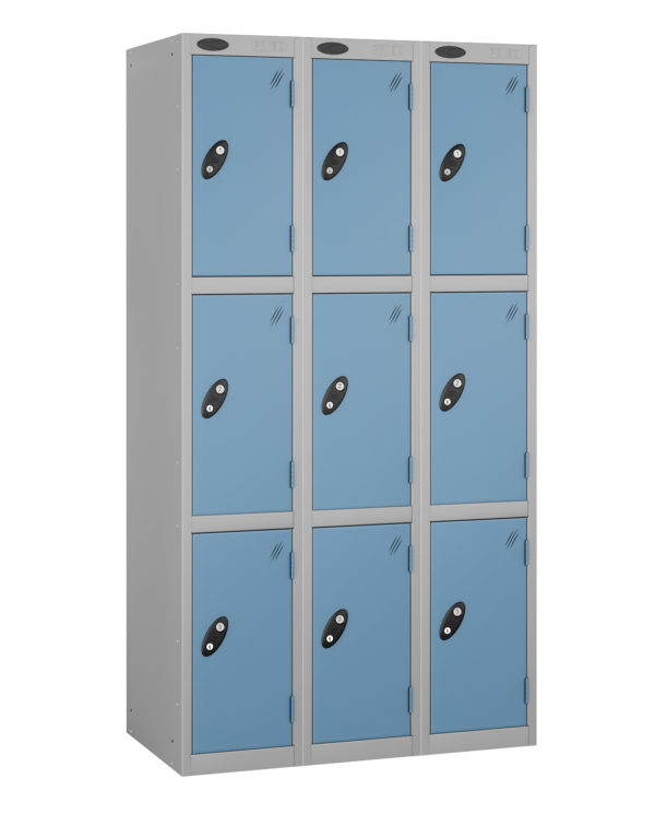 Probe Lockers for 9 users with silver/grey body and Pastel blue doors