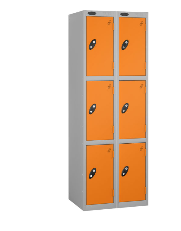 Probe Lockers for 6 users in one unit. Shows Silver Grey body and orange doors.