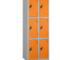 Probe Lockers for 6 users in one unit. Shows Silver Grey body and orange doors.