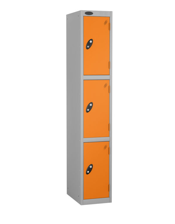 Probe Lockers for 3 users. Shows Grey body Orange door combination.