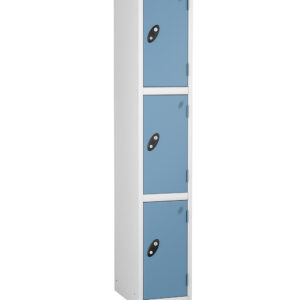 Probe Lockers for 3 users. Shown with white body and ocean doors.