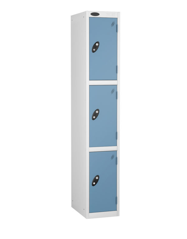 Probe Lockers for 3 users. Shown with white body and ocean doors.