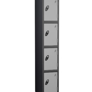Probe Lockers, 4 tier shown in black body, silver door option.