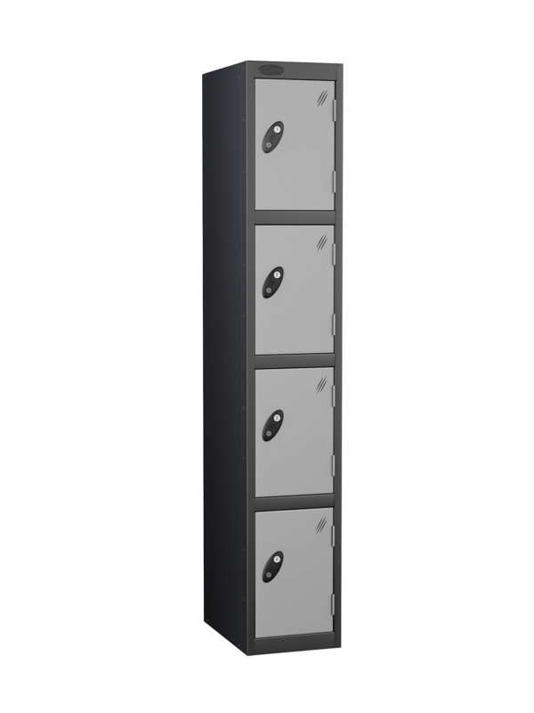 Probe Lockers, 4 tier shown in black body, silver door option.