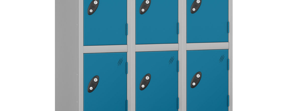 Probe Lockers for 12 persons. Shown with silver grey body and blue doors.