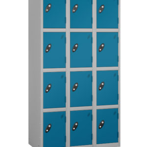 Probe Lockers for 12 persons. Shown with silver grey body and blue doors.