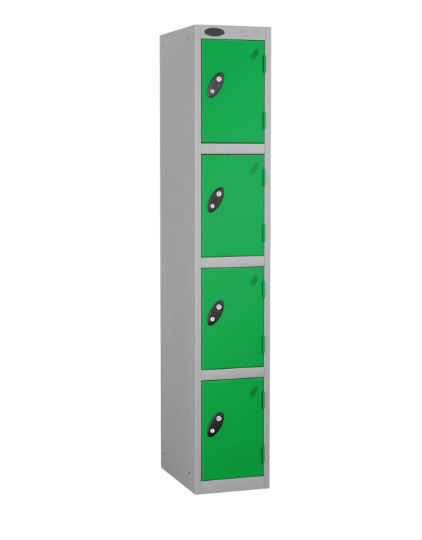 Probe Lockers 4 tier in silver grey body, with green doors