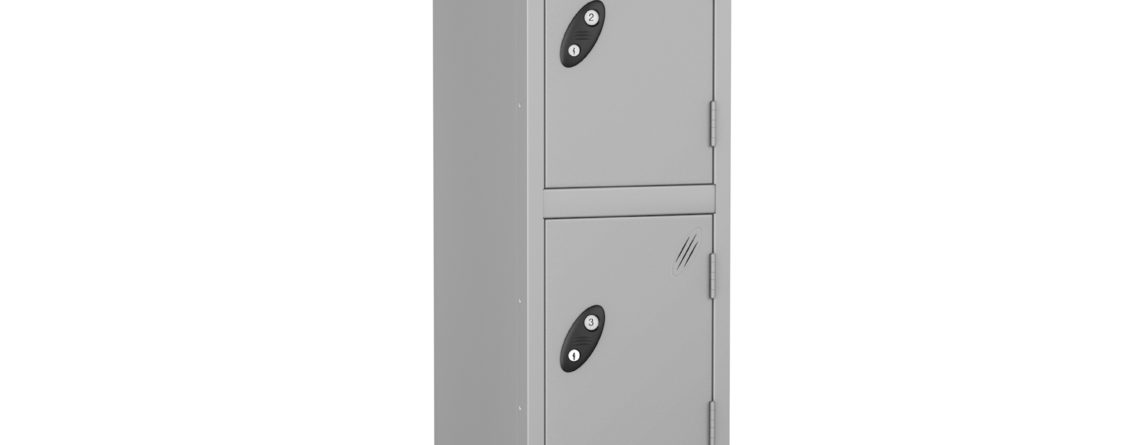 Probe Locker4 tierfor 4 users. Shown in silver grey body and doors.