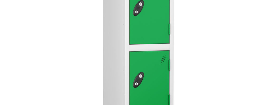 Probe Lockers for 4 users, shown with white body and green doors.