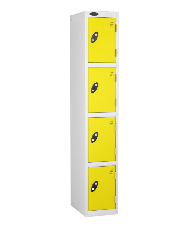 Probe Lockers for 4 users. Shown with white body and lemon doors.