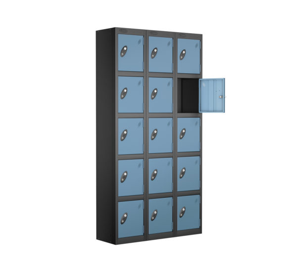 Probe Lockers for 15 users shown with black body with Ocean doors.