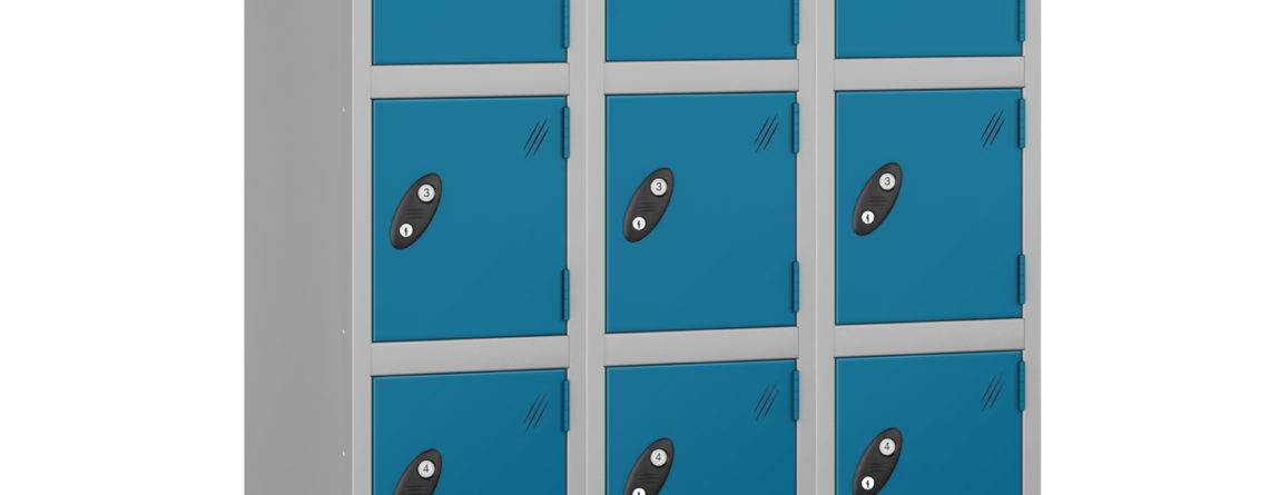Probe Lockers for 15 users. Shown with Blue doors and grey body.