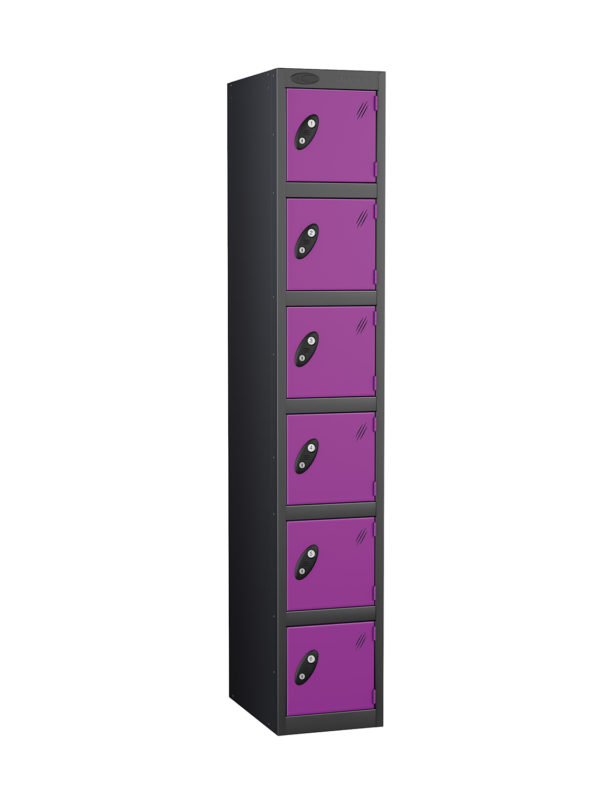 Probe Lockers for 6persons. Shown in Black body, Lilac door option.
