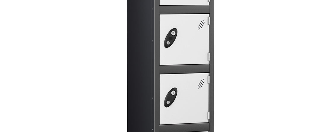 Probe Lockers for 6 users, shown with black body and white doors.