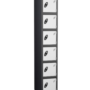 Probe Lockers for 6 users, shown with black body and white doors.