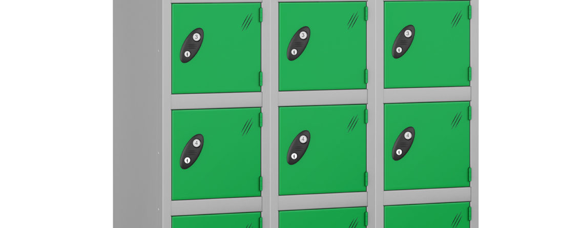 Probe Lockers for 18 users. Green door, grey body