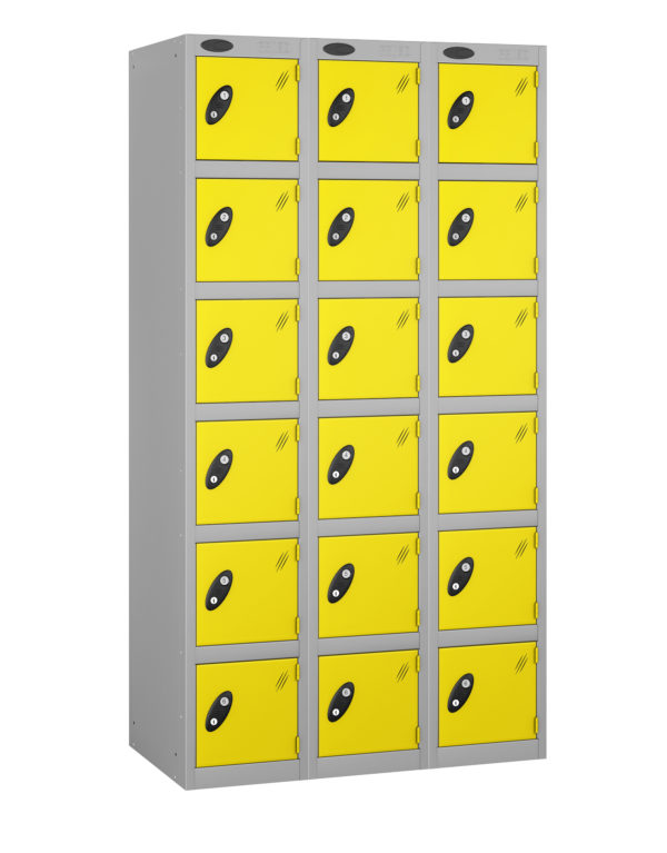 Probe Lockers for 18 users. Shown with Lemon doors and grey body