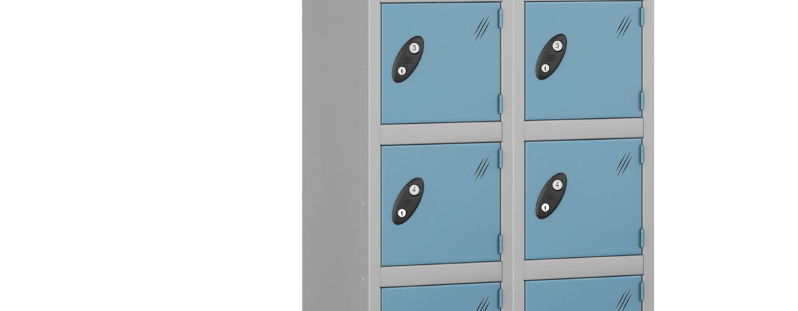 Probe Lockers for 12 users Shown with grey body and ocean blue doors