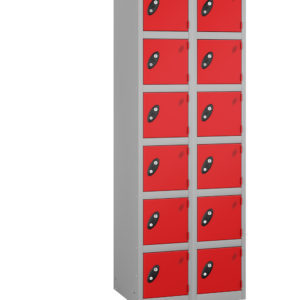 Probe Lockers for 12 users, shown with red doors and grey body.