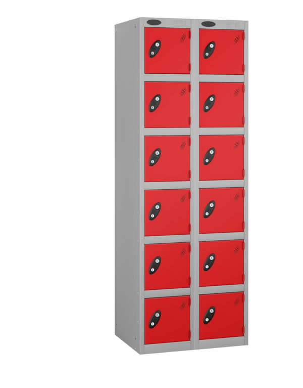 Probe Lockers for 12 users, shown with red doors and grey body.