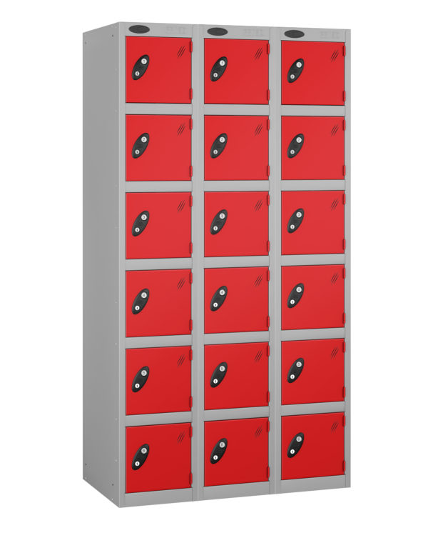 Probe lockers for 18 users. Shown with red doors and grey body