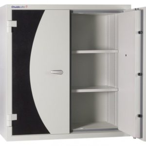 Chubbsafes DPC400W-T fire resistant cabinet with door open. Shows shelves and secure door bolts.