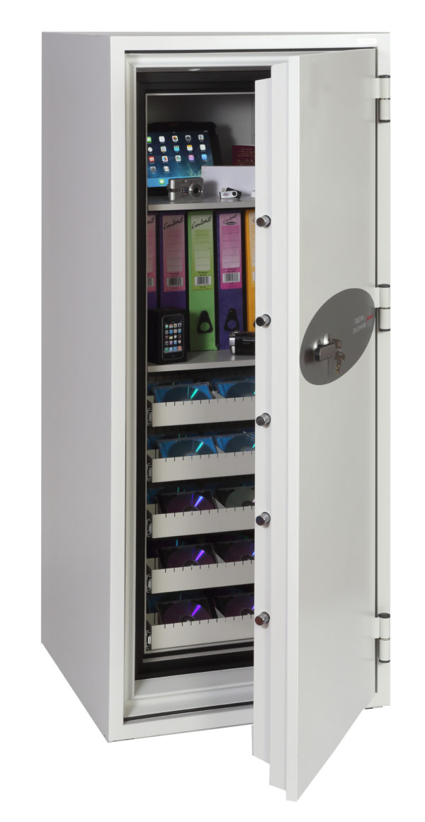 The Phoenix Safe Data Commander DS4622K is a data media fire safe for the office, that is designed to protect your digital media or paper records from the effects of fire. It is supplied with pull out shelves to make finding discs or storage media easier. The DS4622K comes fitted with a secure security key lock with 2 keys.