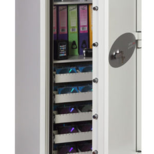 The Phoenix Safe Data Commander DS4622K is a data media fire safe for the office, that is designed to protect your digital media or paper records from the effects of fire. It is supplied with pull out shelves to make finding discs or storage media easier. The DS4622K comes fitted with a secure security key lock with 2 keys.