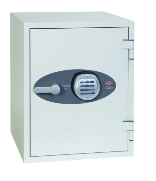The Phoenix safe titan fs1283e is the largest of three £2000 cash rated fire safe for the home or office safe product range. Its external dimensions are ; Height 515mm Width 400mm and depth 440mm. This is ideal for placement in a cupboard. It comes supplied with fixing bolts. Its a one hour fire safe for paper records and digital media, such as photos, memory sticks or hard drives. This model comes with key hooks on its door and is GDPR compliant. It comes fitted with a high quality electronic code lock that with easy programming, features a scramble code option.