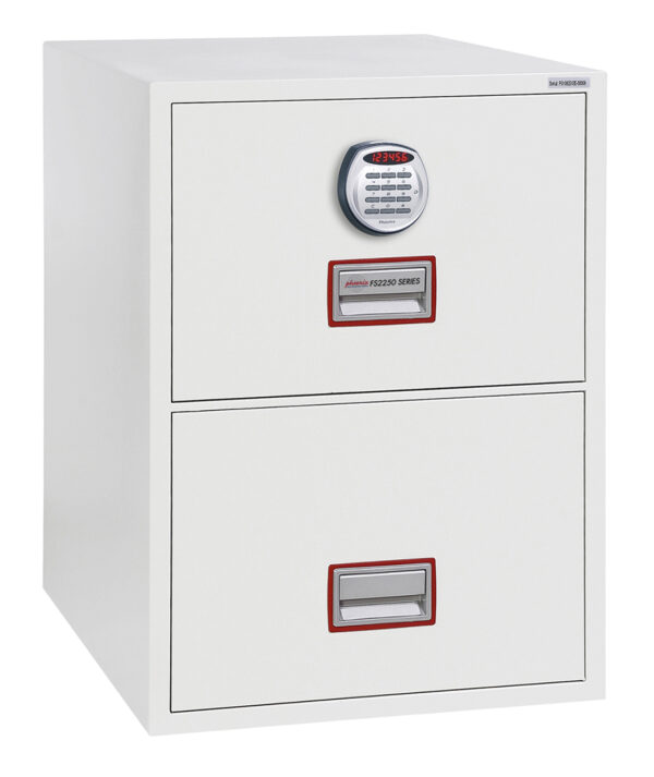 The fs2250 Series World Class Vertical Fire file, FF2252E is a 2 drawer fire resistant filing cabinet for documents. It gives afire protection of 90 minutes for paper records. It comes with an advance electronic code lock.