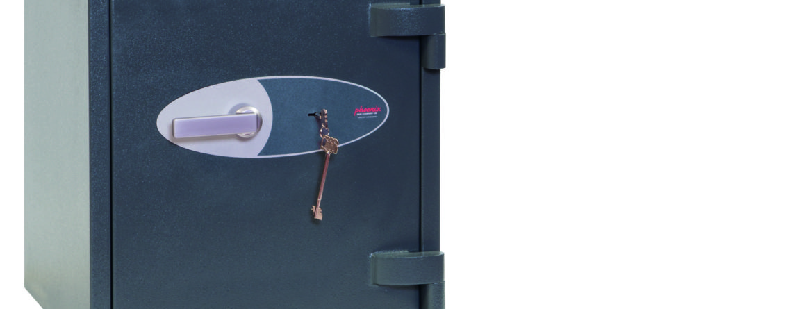 The Phoenix Safe Mercury HS2051K is a euro grade 2 security safe that can be used as a retail safe or safe for the home. Insurance approved and certified ECB.S and suitable to store up to £175,000 of jewellery. This image shows a graphite grey safe with its door closed. Its roughly a 550mm square safe and ideal to install in a cupboard or under a desk. A high security key lock with 2 keys comes with this security safe.