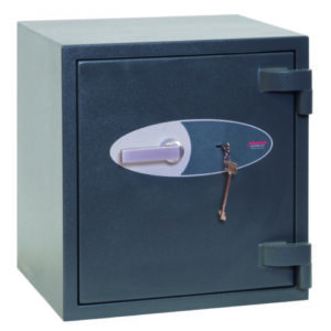 The Phoenix Safe Mercury HS2051K is a euro grade 2 security safe that can be used as a retail safe or safe for the home. Insurance approved and certified ECB.S and suitable to store up to £175,000 of jewellery. This image shows a graphite grey safe with its door closed. Its roughly a 550mm square safe and ideal to install in a cupboard or under a desk. A high security key lock with 2 keys comes with this security safe.