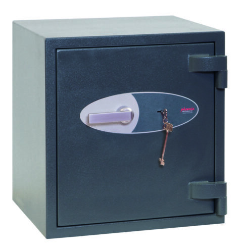 The Phoenix Safe Mercury HS2051K is a euro grade 2 security safe that can be used as a retail safe or safe for the home. Insurance approved and certified ECB.S and suitable to store up to £175,000 of jewellery. This image shows a graphite grey safe with its door closed. Its roughly a 550mm square safe and ideal to install in a cupboard or under a desk. A high security key lock with 2 keys comes with this security safe.