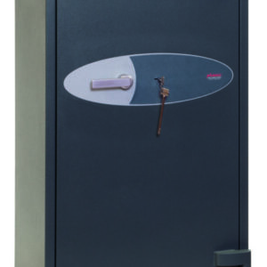 The Phoenix Safe Mercury HS2054K is a euro grade 2, £17,500 cash rated security safe, that is used as a commercial safe, retail safe or even a security safe for the home. Its image shows the safe in a graphite grey paint finish, and its door closed. Sized at 1280mm tall it comes with 197 litres of storage space. Furthermore, it is ECB.S certified and UK insurance approved and comes fitted with a high security key lock.