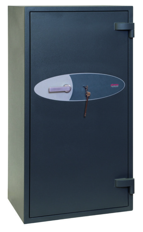 The Phoenix Safe Mercury HS2054K is a euro grade 2, £17,500 cash rated security safe, that is used as a commercial safe, retail safe or even a security safe for the home. Its image shows the safe in a graphite grey paint finish, and its door closed. Sized at 1280mm tall it comes with 197 litres of storage space. Furthermore, it is ECB.S certified and UK insurance approved and comes fitted with a high security key lock.