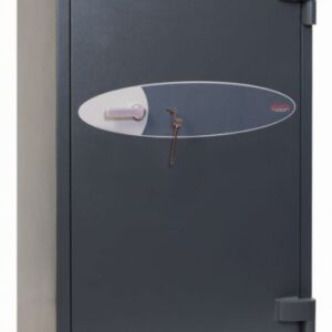 The Phoenix Safe Elara HS3555K is a euro grade 3 commercial safe or retail safe. Perfect jewellers safe having a great internal capacity of 330 litres, Finished in graphite grey and supplied with 4 shelves. The image shows the safe door closed. This Elara HS3555K is furnished with a VdS Class 2, high security double bitted key lock.