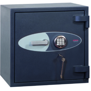 The Phoenix safe Cosmos HS90711E is a high quality Euro Grade 5 security safe that generally is sold as a jeweller safe, retail safe or commercial safe for protection of cash to the tune of£100,000 or valuables/jewellery to £1m. Tested by ECB.S, fire rated for protection of documents and most importantly, recognised by the AiS UK insurance. This size is perfect as a safe for the home. Basically, its a 690mm square security safe with an 80 litre storage. It comes with 2 VdS Class II locks, one being a key lock and the main lock is a high security electronic code lock. There not many better safes than the Phoenix Safe Cosmos HS9071E! with key and electronic locks.