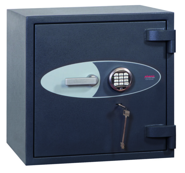 The Phoenix safe Cosmos HS90711E is a high quality Euro Grade 5 security safe that generally is sold as a jeweller safe, retail safe or commercial safe for protection of cash to the tune of£100,000 or valuables/jewellery to £1m. Tested by ECB.S, fire rated for protection of documents and most importantly, recognised by the AiS UK insurance. This size is perfect as a safe for the home. Basically, its a 690mm square security safe with an 80 litre storage. It comes with 2 VdS Class II locks, one being a key lock and the main lock is a high security electronic code lock. There not many better safes than the Phoenix Safe Cosmos HS9071E! with key and electronic locks.